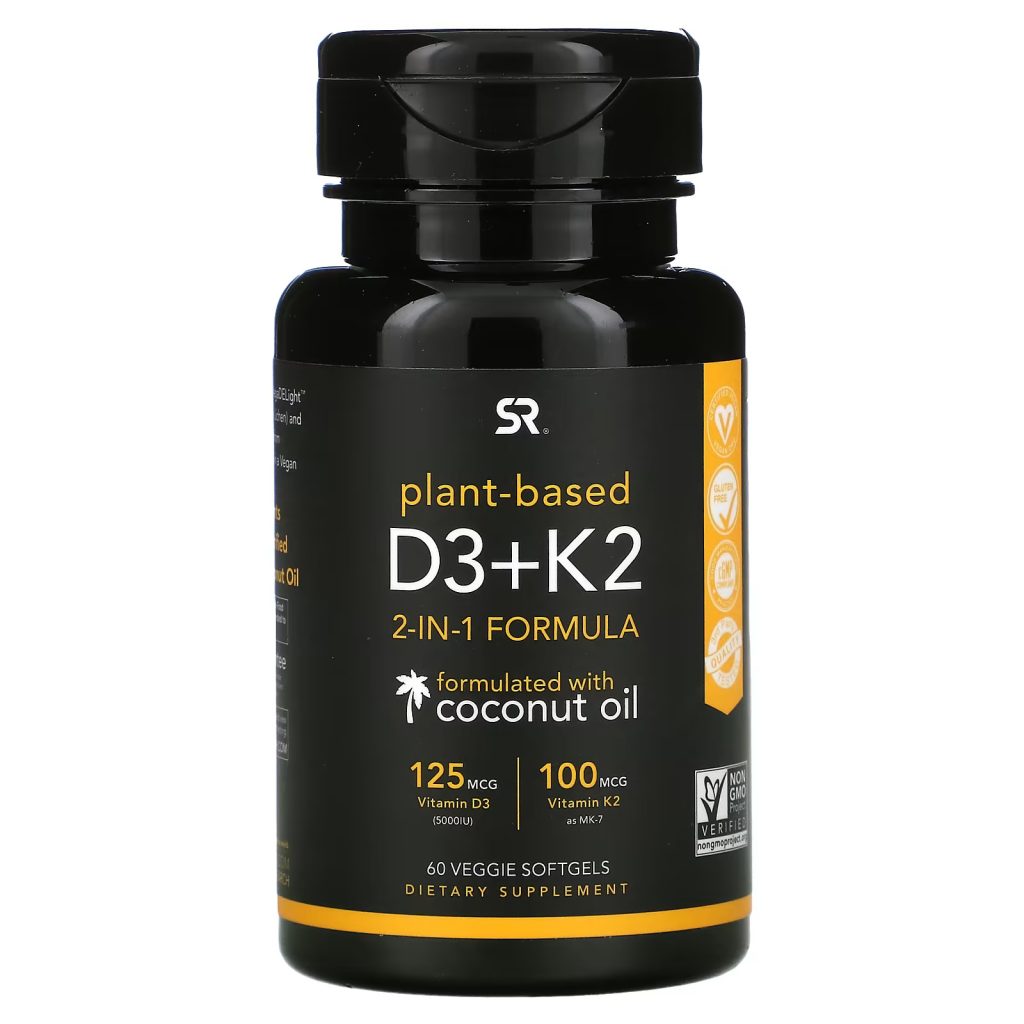فيتامين د3 + ك2، نباتي، 60 كبسولة هلامية نباتية من سبورتس ريسيرش